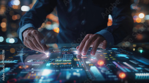 An investor analyzing a holographic portfolio of investments and assets, business, holograms, blurred background, with copy space