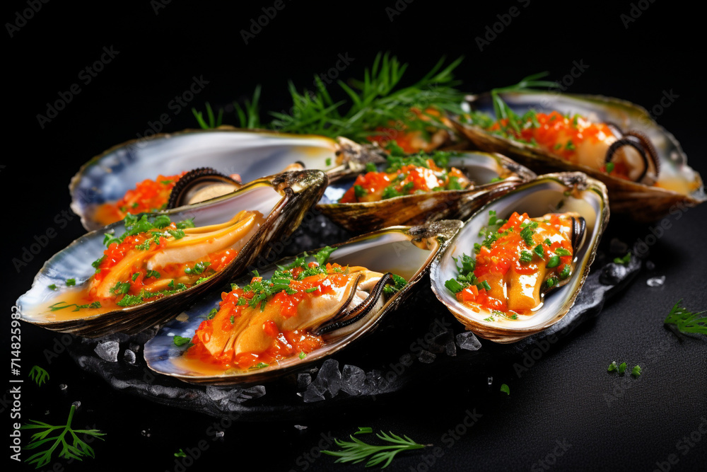 Boiled mussels in a half-shell. AI generated.