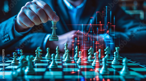 A corporate strategist visualizing competitive landscape using a holographic chessboard, business, holograms, blurred background, with copy space