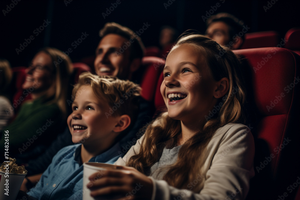 An American-looking family enjoys sitting in a movie theater. AI generated.