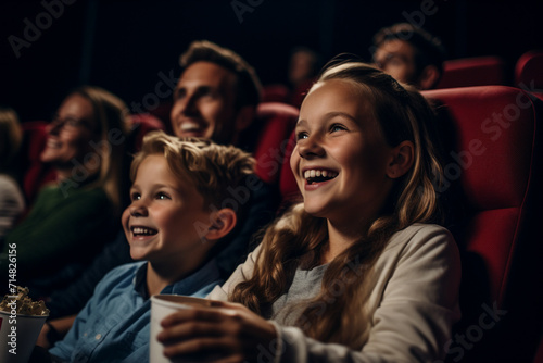 An American-looking family enjoys sitting in a movie theater. AI generated.