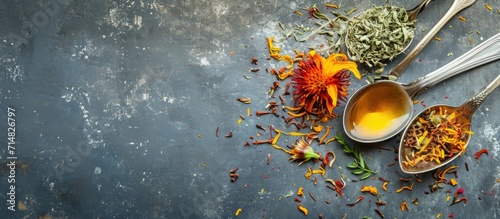 Spoon with safflower, herbal tea.