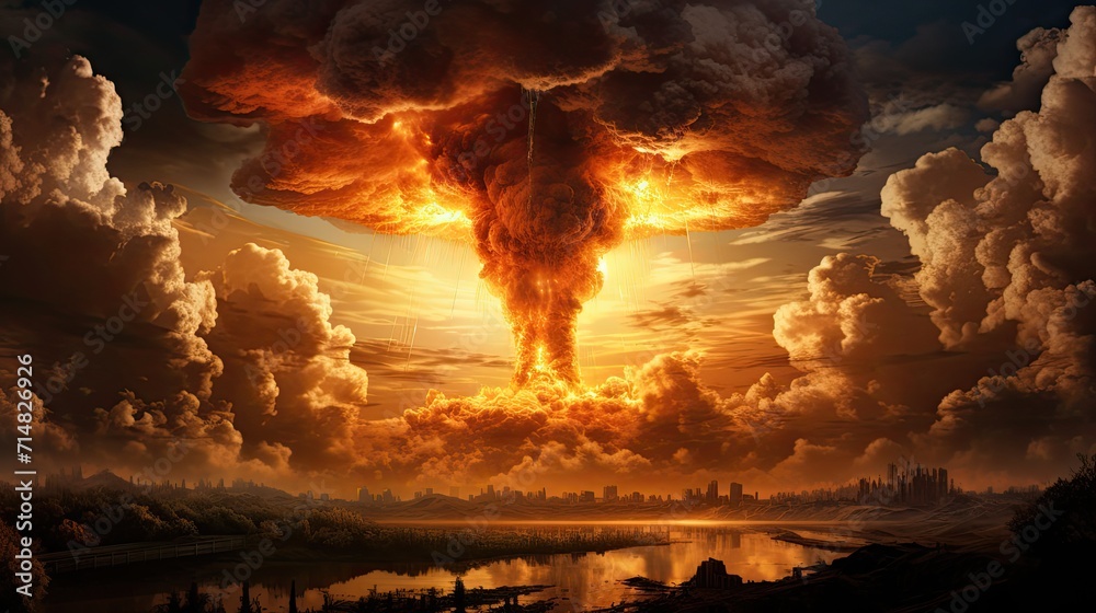 The depiction of a futuristic nuclear explosion against a dark background