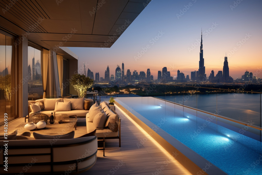 Impressive spacious penthouse terrace with pool and views of Dubai. Skyscrapers of the United Arab Emirates. - obrazy, fototapety, plakaty 