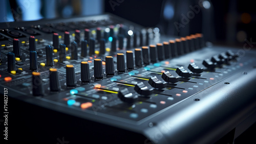 DJ studio sound console for mixing tracks and processing sounds.