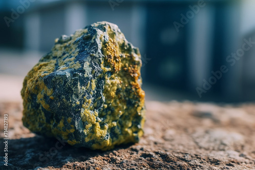 Close-up of uranium ore with sharp details against a white blurred background, emphasizing the texture and unique appearance photo