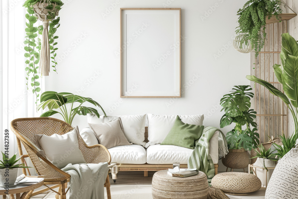 Mock up frame in a large living room interior backdrop, white room with natural wooden furnishings