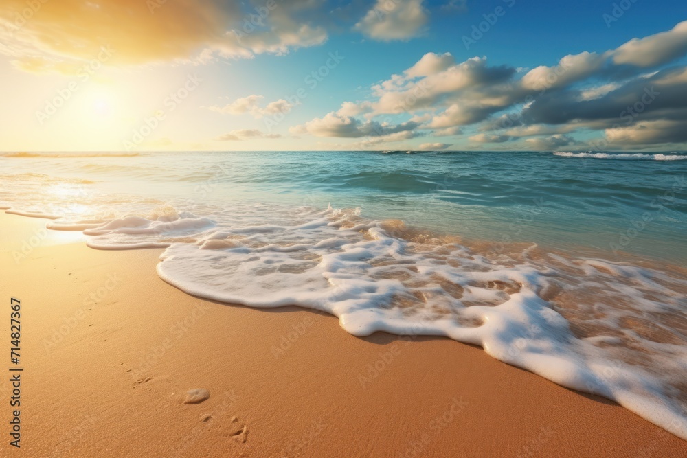 Sunny beach with gentle waves under a clear blue sky