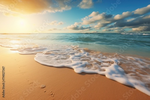Sunny beach with gentle waves under a clear blue sky