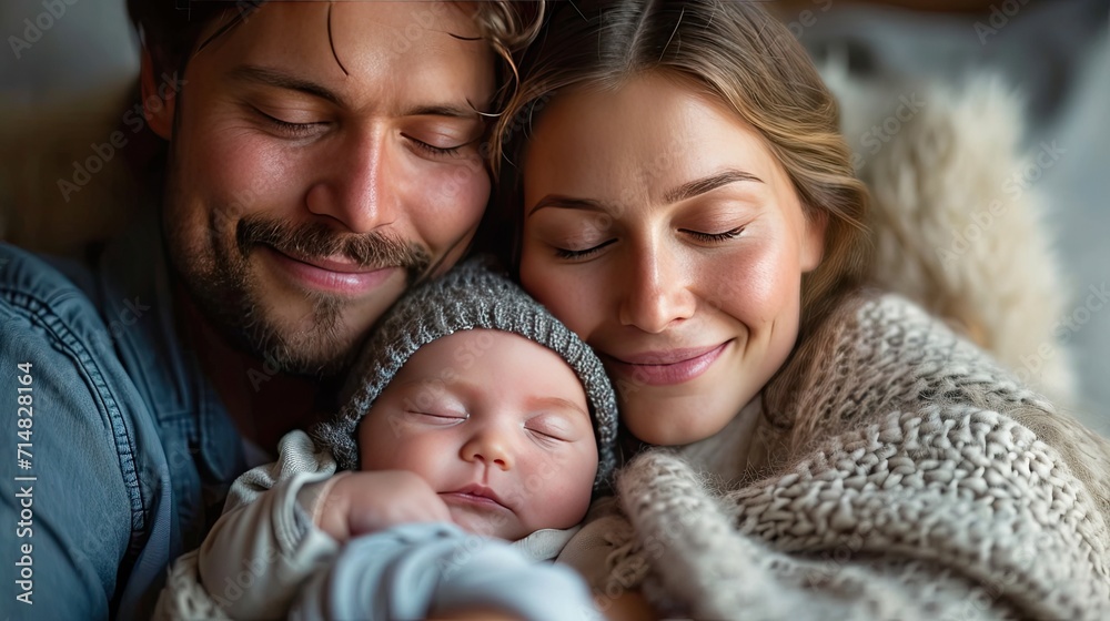 heartwarming scene of a family cradling and bonding with their newborn