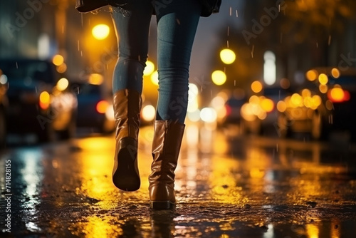 Close-up view, low angle, female legs are walking through the wet night city.