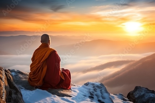 Buddhist monk meditating on a hill © Syahrul Zidane A