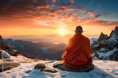Buddhist monk meditating on a hill