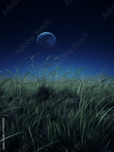 Grass under moonlight at night,created with Generative AI tecnology.