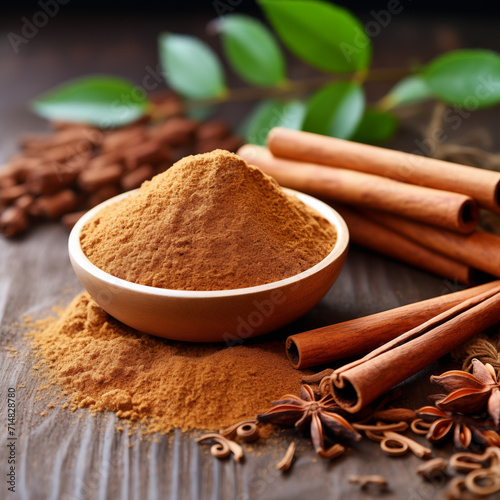 Spices cinnamon and ground cinnamon,created with Generative AI tecnology.