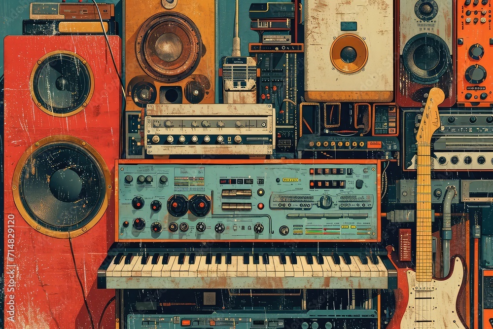 Retro Rhythms: The Vintage Vibes of Analog Audio. Keyboards, synthesizers, guitars, and more. - obrazy, fototapety, plakaty 