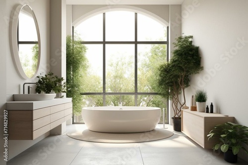 Modern bathroom with bathtub, sink, and plants by a large window. Generative AI © Renata