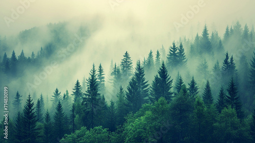 A mysterious forest of fir trees in the fog © frimufilms