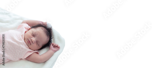 Newborn Baby portrait Newborn Baby Girl sleeping on cozy bed Infant mixed race baby get sweet dream and good sleeping until morning with copy space use for advertising	