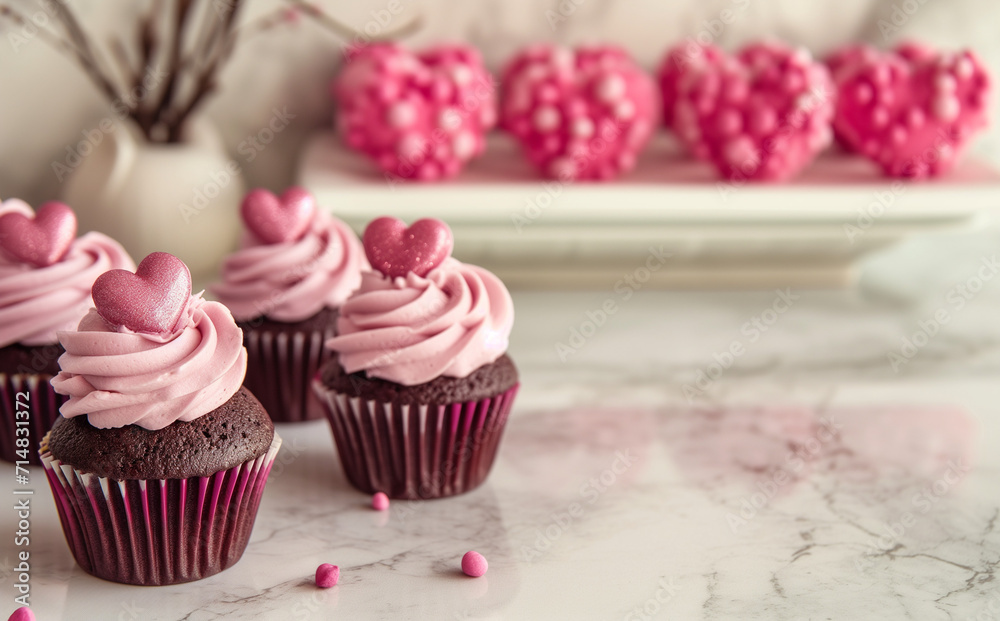 AI generated illustration of chocolate cupcakes with pink frosting AI generated illustration of chocolate cupcakes with pink frosting