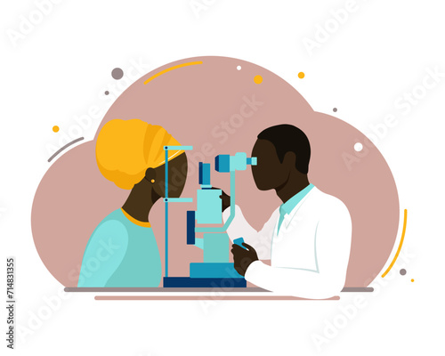 Vision correction. The patient and the doctor are Africans. Ophthalmology. flat.