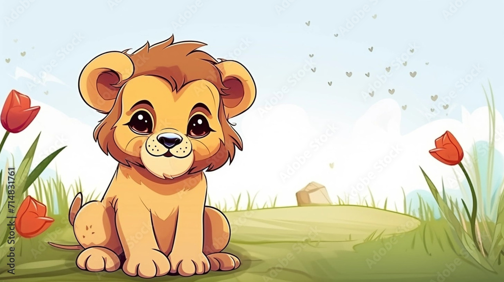 copy space, cute birthday card, sweet handdrawn cartoon style, a very sweet cute lion cub lying in the grass. Beautiful illustration for a children’s book, napkins, nursery. Wildlife, animal theme ill copy space, cute birthday card, sweet handdrawn cartoon style, a very sweet cute lion cub lying in the grass. Beautiful illustration for a children’s book, napkins, nursery. Wildlife, animal theme ill