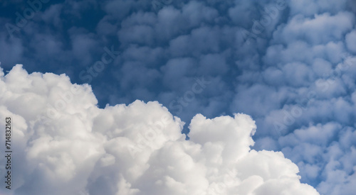 Fluffy soft clouds. Beautiful cloudy sky. Dream cloud of heaven. Nature background or backdrop.