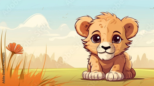 copy space  cute birthday card  sweet handdrawn cartoon style  a very sweet cute lion cub lying in the grass. Beautiful illustration for a children   s book  napkins  nursery. Wildlife  animal theme ill