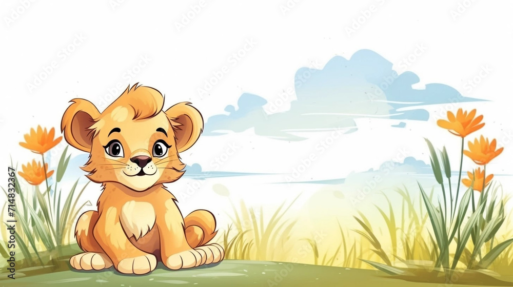 copy space, cute birthday card, sweet handdrawn cartoon style, a very sweet cute lion cub lying in the grass. Beautiful illustration for a children’s book, napkins, nursery. Wildlife, animal theme ill