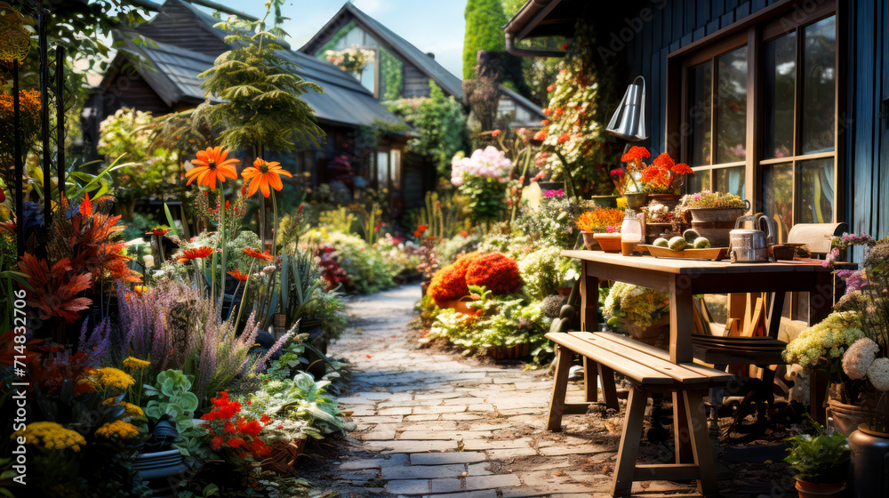 Walkway between beautiful flowers with copy space Walkway between beautiful flowers with copy space