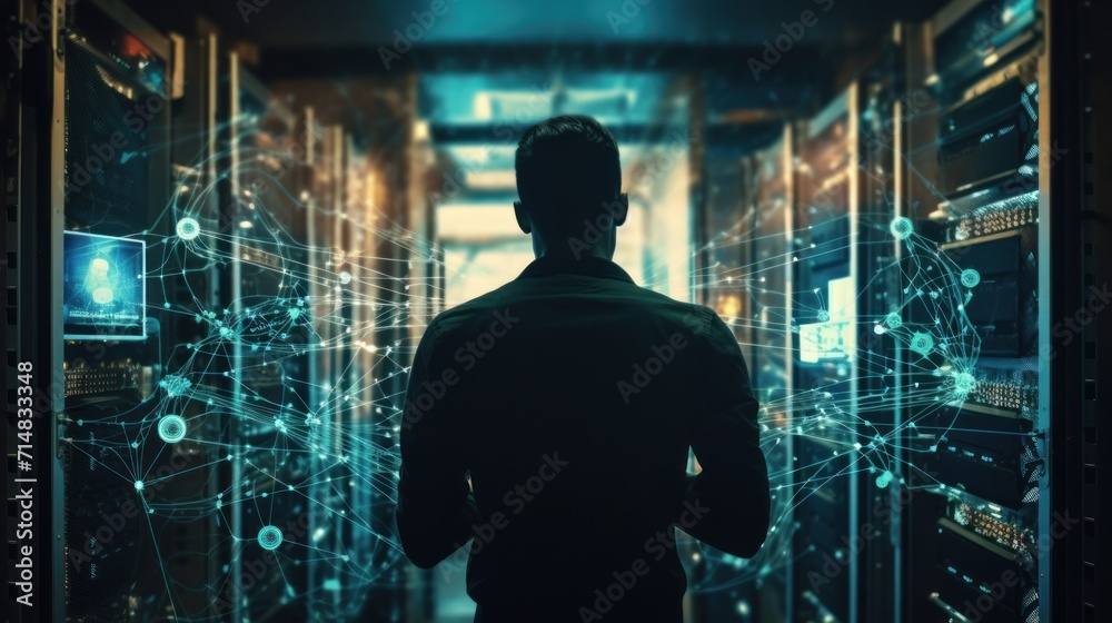 Obraz premium Man analyzing network data on digital screen in server room