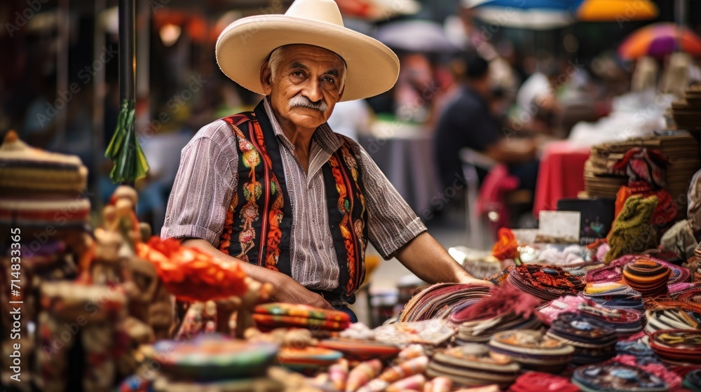 Man with hat selling handcrafted goods at local market