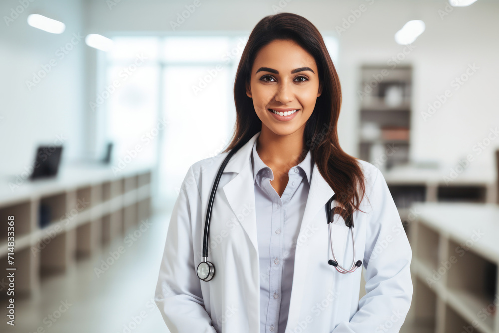Woman healthcare worker in lab coat at medical office Woman healthcare worker in lab coat at medical office