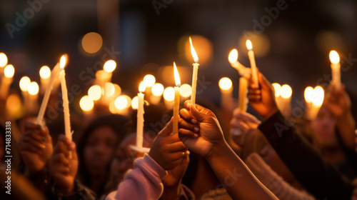 Crowd holding candles at night during outdoor event