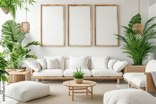 Mock up frames in a large living room interior backdrop, white room with natural wooden furnishings, luxury style, many plants