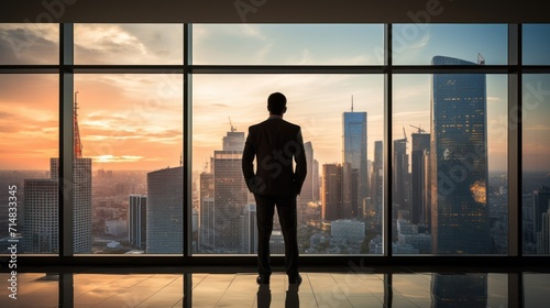 Executive in silhouette pondering over city view from office © Photocreo Bednarek