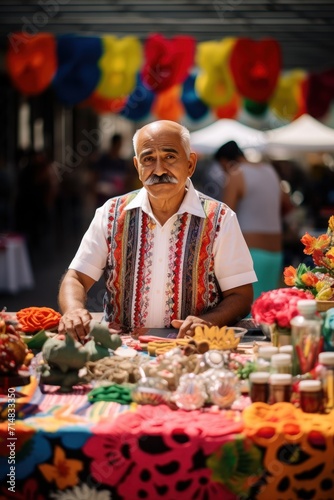Man at market stall with vibrant Mexican Cinco de Mayo crafts
