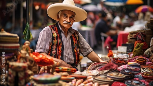 Man with hat selling handcrafted goods at local market
