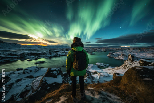 Traveler witnessing aurora borealis in icy terrain at dusk photo