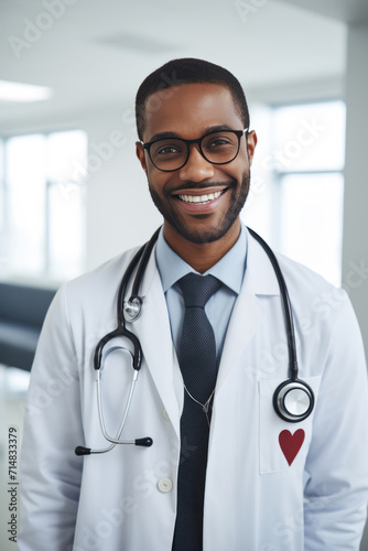Smiling doctor with stethoscope standing confidently