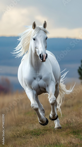 A white running horse with hair flowing  