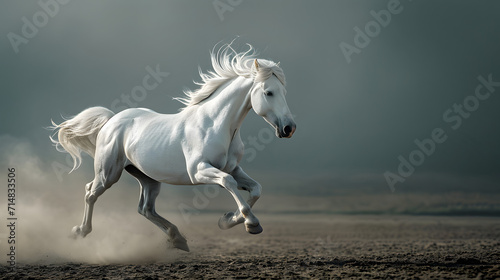 A white running horse with hair flowing 