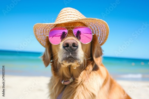 Fashionable Dog Enjoying Beach Vibes Golden retriever in straw hat and pink sunglasses on the beach.