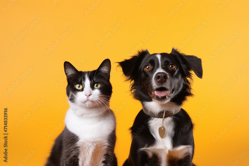 Funny cat and funny dog are seat on color background. Funny cat and funny dog are seat on color background.