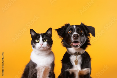 Funny cat and funny dog are seat on color background. © serperm73