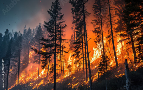  intensity of wildfires ravaging forests capturing the towering flames, billowing smoke photo