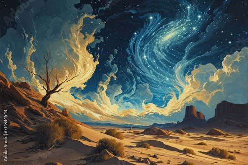 Whirling starry sandstorms, painting the desert sky with a mesmerizing celestial dance - Generative AI photo