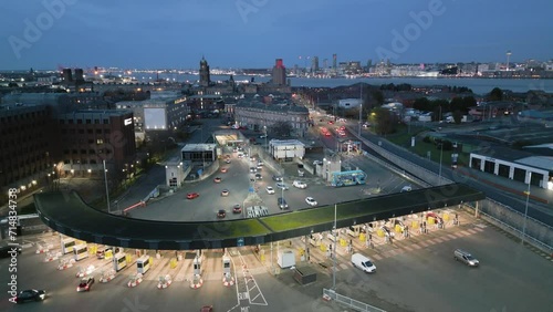 Aerial view of the Queensway Road tunnel at Birkenhead, Wirral under the River Mersey to Liverpool, Merseyside, England photo