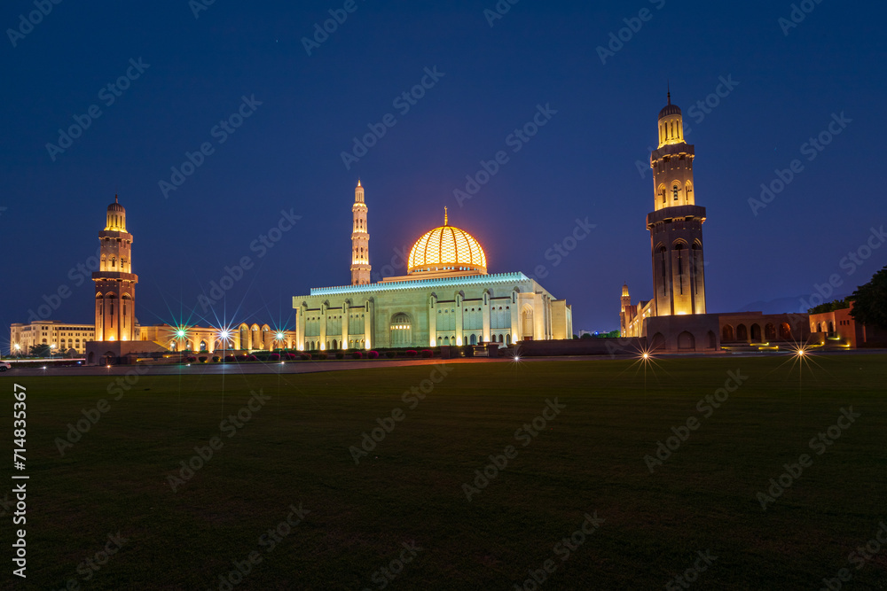 Wide angle, night view at The Sultan Qaboos Grand Mosque in Muscat