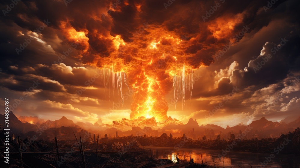 An intense depiction of a futuristic nuclear explosion against a dark background, illustrating a dramatic and ominous scene. - obrazy, fototapety, plakaty 